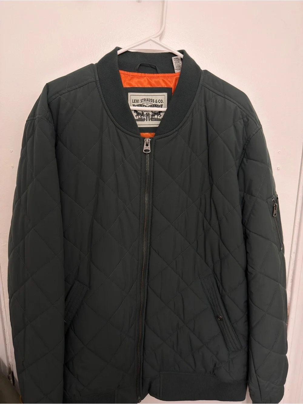 Levi's Quilted Bomber Jacket in Deep Green with Orange Lining